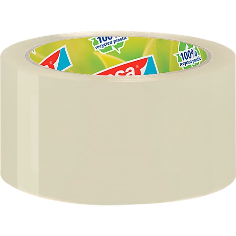 Roll of transparent tape. Printed inside: red logo, green leaves, text. Smooth, light exterior.