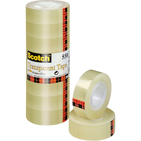 Rolls of transparent tape, one upright and two lying down. Printed: Scotch Transparent Tape.