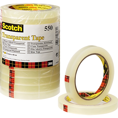 Transparent tape by Scotch, one roll and two individual rolls with red and white pattern.