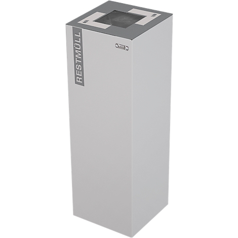 Contenedor de basura gris y rectangular con la inscripción "RESTMÜLL". Parte superior con abertura y tapa gris.
