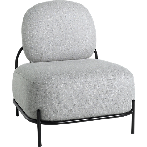 Grey armchair with round back, black metal frame.