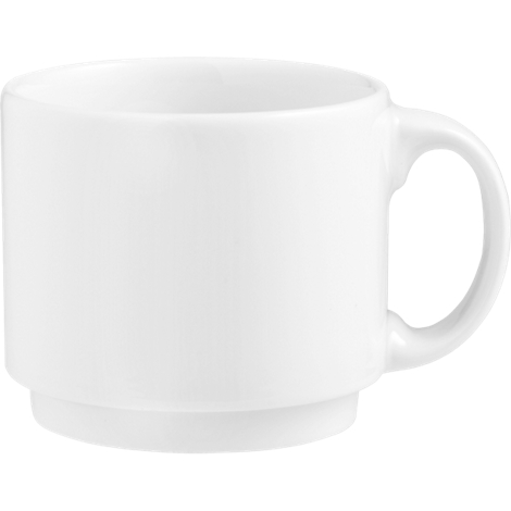 White ceramic mug with handle. The mug has a short foot and is standing upright.