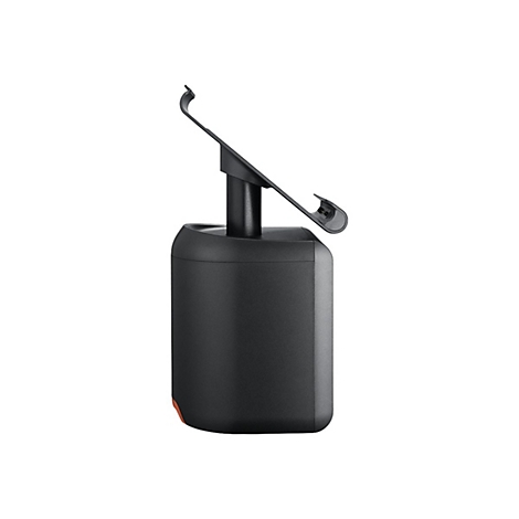 Schwarzes, zylindrisches Gerät mit Halterung. Oben abgewinkelte Halterung, kleiner oranger Punkt an der Basis.