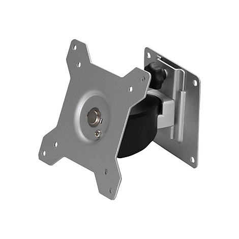 Monitorhalterung aus Metall. Silberfarbenes Montageschild, schwarzer Drehkopf, Schrauben.