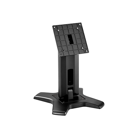 Schwarzer Monitorständer, isoliert auf weißem Hintergrund. Der Ständer besteht aus einem quadratischen Sockel, einer Säule und einer Montageplatte.