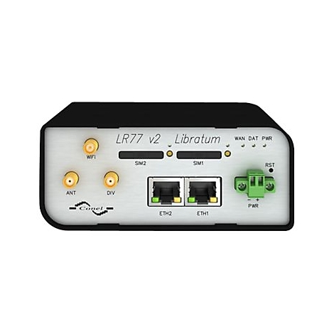 Ein elektronisches Gerät mit Anschlüssen und Antennen, beschriftet mit Text wie 'LR77 v2' und 'Libratum'.