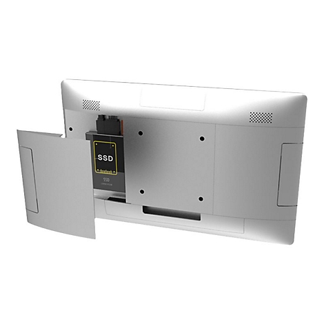 Rückseite eines silbernen Monitors mit geöffneter Abdeckung, sichtbar ist eine SSD-Festplatte.