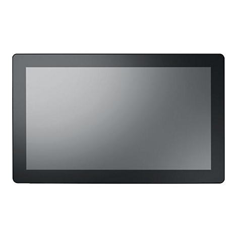 Ein schwarzer Touchscreen-Monitor, rechteckig, abgeschrägte Kanten.