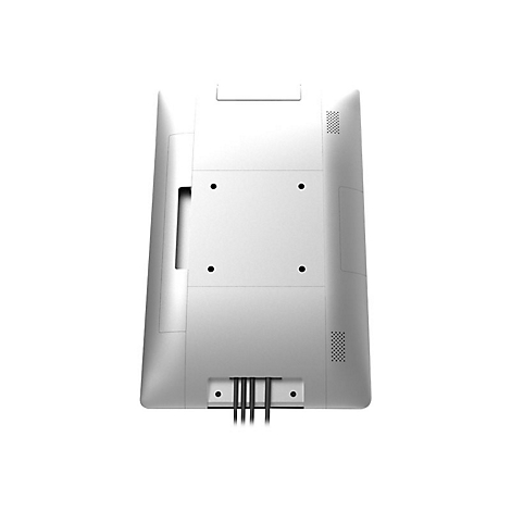 Rückseite eines weißen Monitors mit Lüftungsschlitzen, Schrauben und Kabeln.