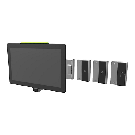 Ein Touchscreen-Monitor mit drei rechteckigen Lesegeräten auf weißem Hintergrund.