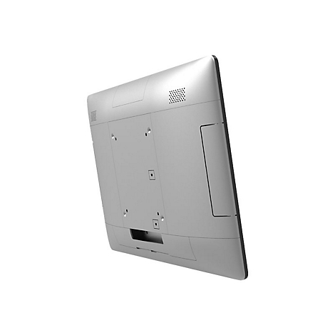 Rückseite eines silberfarbenen Bildschirms mit Lüftungsöffnungen und Schraublöchern.