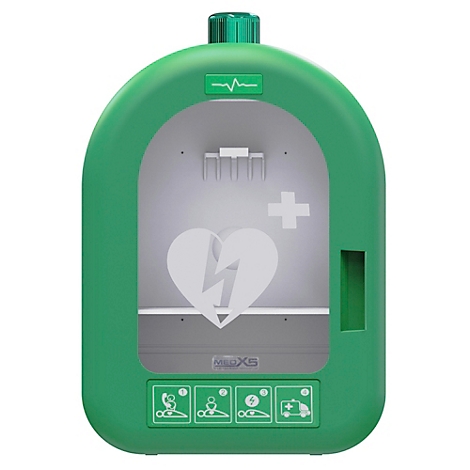 Grüner AED-Kasten mit Herzsymbol, Blitz und Anweisungen.