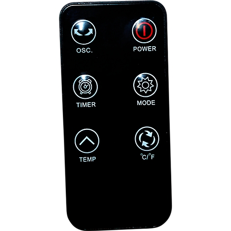 Télécommande noire avec boutons lumineux : alimentation, mode, minuterie, température, °C/°F, oscillation. Le bouton d'alimentation rouge s'allume.