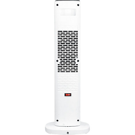 Chauffage tour blanc avec grille noire et interrupteur rouge.