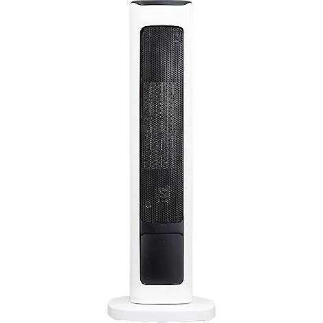 Chauffage tour blanc, grille noire, sur socle blanc.