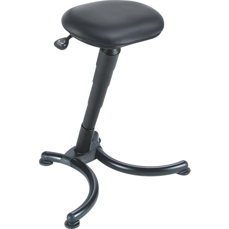 Black stool with oval seat, adjustable in height. The legs are curved.