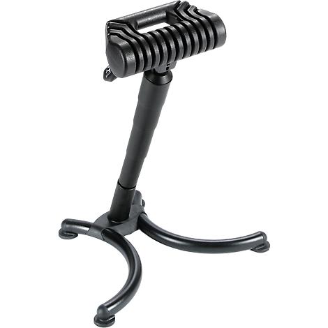 Black, height-adjustable chair. It has a tripod base and a padded seat with a handle.