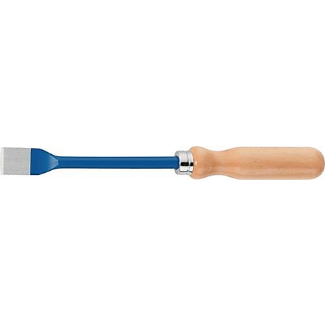 Een blauwe beitel met een houten handvat. Het lemmet is rechthoekig en zilver.