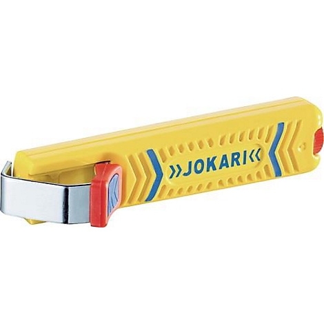 Geel en blauw draadstripgereedschap, met een rood element en de tekst »JOKARI«.