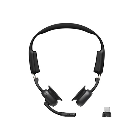 Casque noir avec microphone et adaptateur USB-C sur fond blanc.
