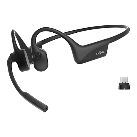 Schwarzer Knochenschall-Kopfhörer mit USB-C-Adapter. Die Marke Shokz ist auf dem Bügel sichtbar.