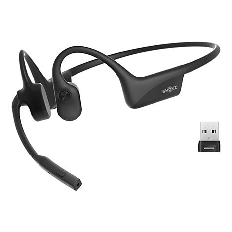 Schwarzer Knochenschallkopfhörer mit USB-Adapter auf weißem Hintergrund. Der Kopfhörer hat die Marke "SHOKZ".