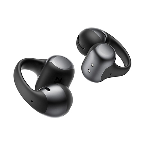 Zwei schwarze, ergonomisch geformte In-Ear-Kopfhörer mit Ohrbügel vor weißem Hintergrund.