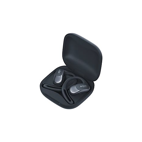Dunkelgraue Shokz In-Ear-Kopfhörer mit Ohrbügeln in ihrem geöffneten Ladeetui.