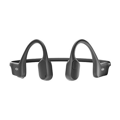 Schwarze Shokz Knochenschall-Kopfhörer vor weißem Hintergrund.