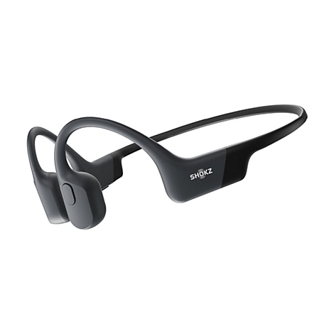 Schwarze Shokz Open-Ear-Kopfhörer mit Bügeldesign vor weißem Hintergrund.