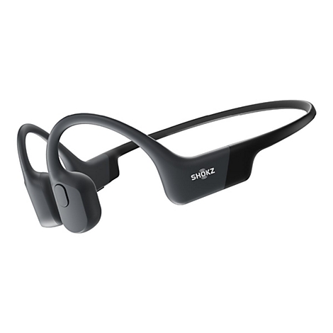 Schwarze Knochenschall-Kopfhörer von Shokz mit Nackenbügel vor weißem Hintergrund.