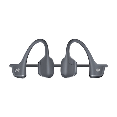 Dunkelgraue Knochenschall-Kopfhörer von Shokz vor weißem Hintergrund.