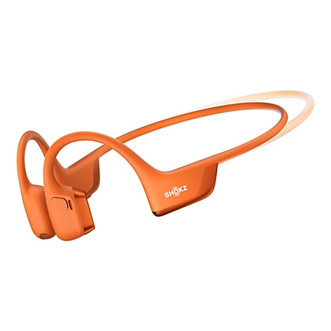 Orangefarbene Shokz Knochenschall-Kopfhörer vor weißem Hintergrund.