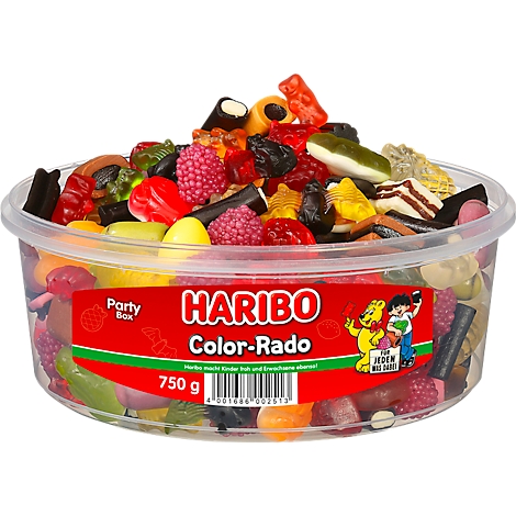 Een bak met Haribo Color-Rado partymix met kleurrijke gummies. Rood label: "HARIBO Color-Rado".
