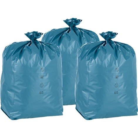 Drie blauwe vuilniszakken met knoopsluiting. Op elke zak staan symbolen en het getal 65 afgedrukt.
