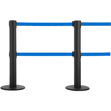 Zwarte afzetpaaltjes met blauwe banden. De palen hebben ronde voeten.
