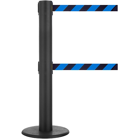 Een zwarte afzetschijf met twee uittrekbare banden met blauw-zwarte strepen, bevestigd aan een ronde voet.