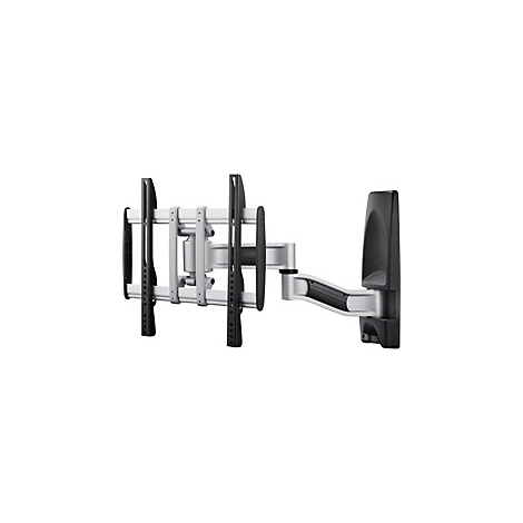 Schwenkbare TV-Wandhalterung, grau-schwarz, an weißer Wand.