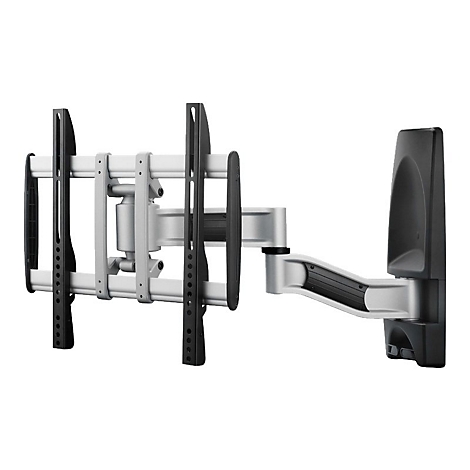 Wandhalterung für Fernseher, schwarz und silberfarben. Mit Gelenkarm und mehreren Schrauböffnungen.