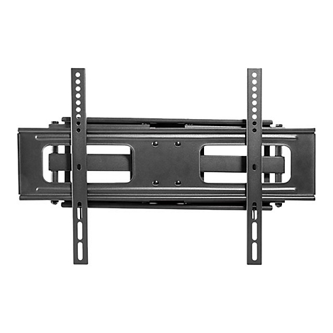 Schwarze TV-Wandhalterung, bestehend aus mehreren Metallstangen mit Schraublöchern, vor weißem Hintergrund.