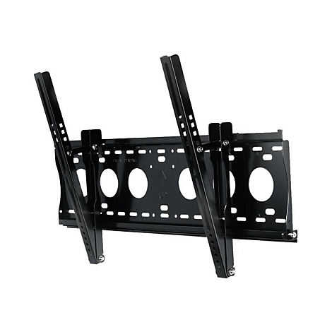 Schwarze TV-Wandhalterung, Metall, mit mehreren Löchern und Schrauben. "Patent Pending" ist sichtbar.