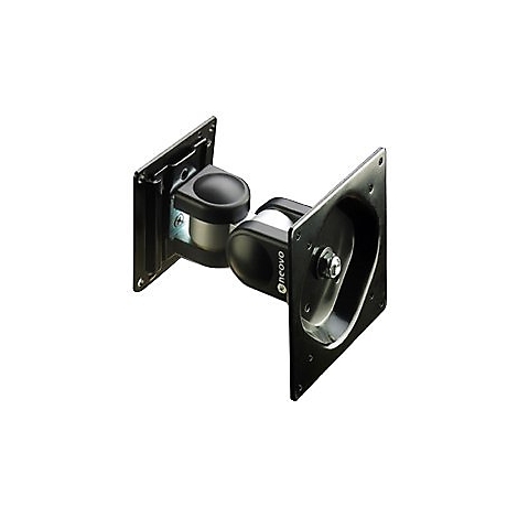 Schwarze Monitorhalterung, eckig, mit drehbarem Gelenk. Herstellerlogo "neovo".