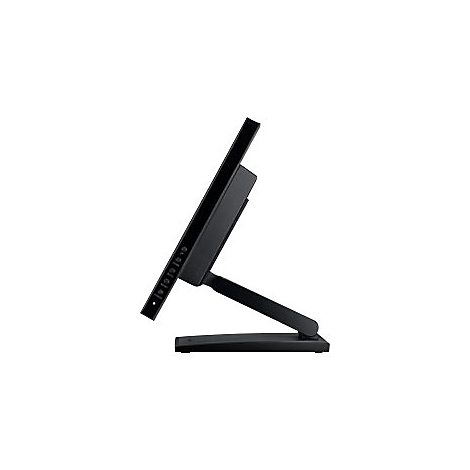 Schwarzer Monitor im Profil, leicht geneigt, auf einem Ständer.