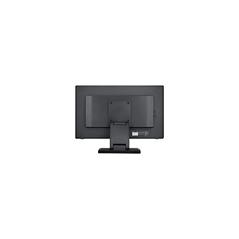 Rückseite eines schwarzen Monitors mit Standfuß. Sichtbar sind Anschlüsse und Befestigungspunkte.