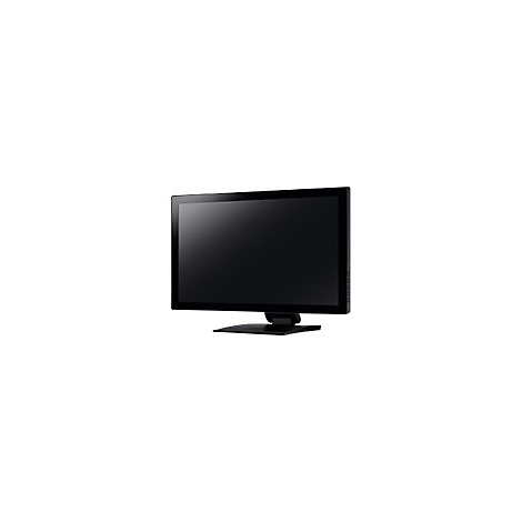 Moniteur à écran plat noir avec un cadre rectangulaire et un pied.