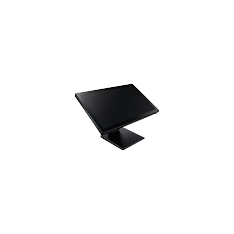 Schwarzer Touchscreen-Monitor, leicht angewinkelt, auf quadratischem Fuß.