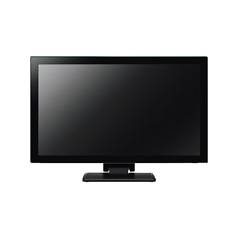 Ein schwarzer Flachbildschirm-Monitor mit schwarzem Rahmen und Standfuß auf weißem Hintergrund.