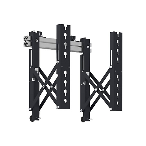 Support mural métallique noir pour écran, sur fond blanc. Deux supports verticaux, reliés par des traverses. Vis et mécanisme visibles.