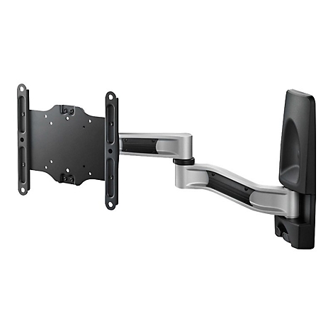 Support TV pivotant, argent et noir, sur fond blanc.