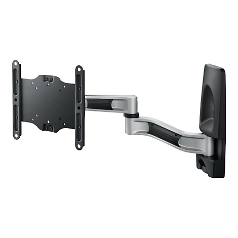 Support TV pivotant, argent et noir, sur fond blanc.